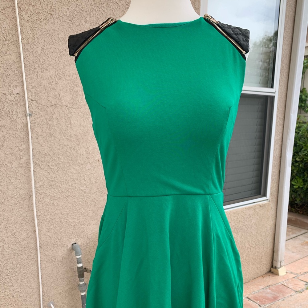 Green Dress with Leather Shoulders